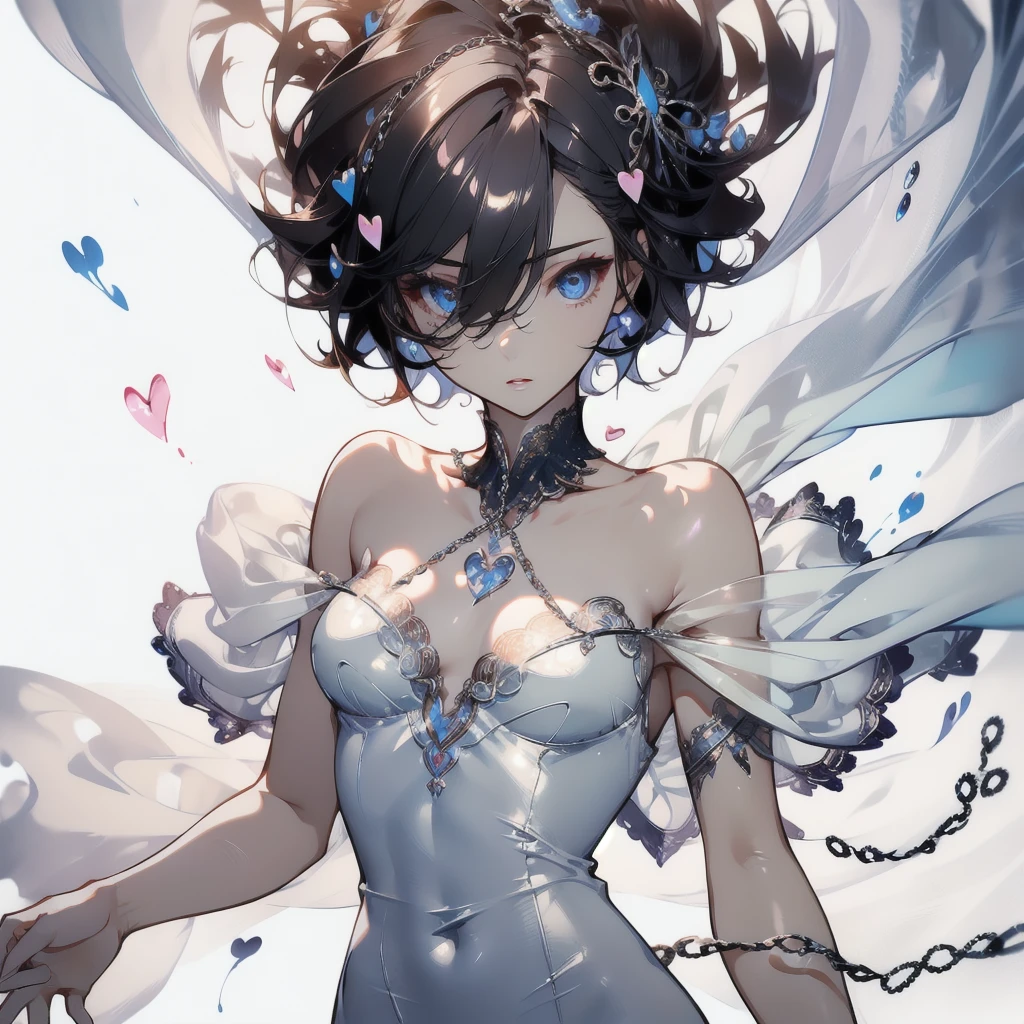 ((masterpiece, best quality)), Delicate face,Angel,Standing picture,whole body,Perfect body proportions,Long legs,Handsome short hair,beautiful eyes,Fantasy style,White background,Extremely beautiful,transparent,pornographic,Transparent_比基尼,Bare chest,chain,Tattoo,Lace,Heart-shaped decoration