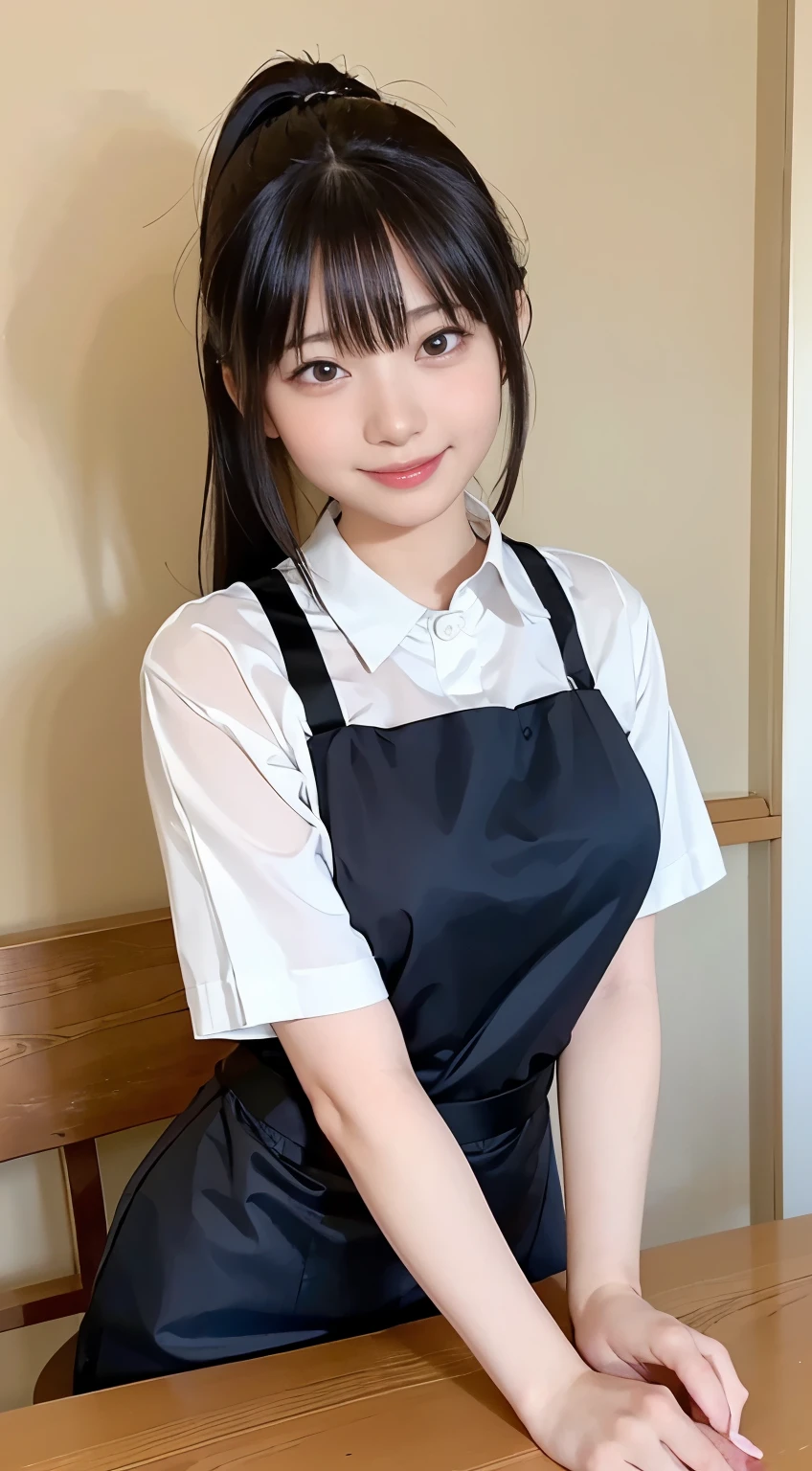 (Highest quality,masterpiece:1.3,Ultra-high resolution,),(Very detailed,Caustics),(Realistic:1.4,RAW shooting,)Ultra-Realistic Capture,Very detailed,High resolution 16k human skin closeup。 Natural skin texture、,pores、、、、It must be detailed enough to be easily identifiable。 Skin tone is even and healthy looking。 Use natural light and colour,restaurant,Waitress Uniform,1 girl,Japanese,18-year-old,cute,Black-haired,ponytail,Big Breasts,smile,Turn your body forward,(Front view:1.1),Looking into the camera,Cowboy Shot,