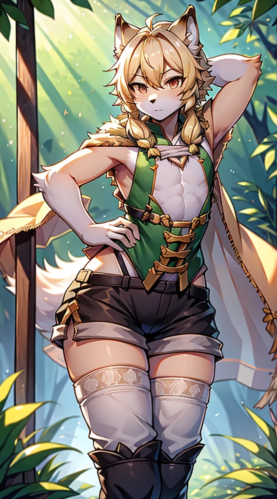 Wolf Boy,Wolf-eared boy,bow箭手少年,Hunter Junior,furry,furry,hairy,Blonde hair all over,Golden fur,Golden fur,绿色bow箭手服装,hunter costume,hunter costume,furry,白色丝绸Knee socks,Knee socks,蕾丝花边Knee socks,Lace style decoration,shorts,蕾丝花边shorts,运动shorts,皮革shorts,猎人shawl,绿色shawl,shawl,Big Ass,Pseudo-sissy ass,femboy,绿色hunter costume,Forest Background,Jungle Background,Outdoor Background,bow,手持bow,Archery pose,Archery pose,手持bow,bow箭,flat chest,Chest wrap,shawl