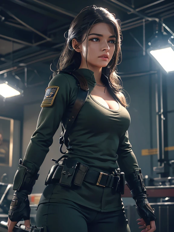 a tight-fitting military uniform, highly detailed face, beautiful detailed eyes, beautiful detailed lips, extremely detailed face and features, long eyelashes, slim athletic body, sculpted round butt, detailed military gear, cleavage, gritty military environment, cinematic dramatic lighting, photorealistic, (best quality,4k,8k,highres,masterpiece:1.2),ultra-detailed,(realistic,photorealistic,photo-realistic:1.37)