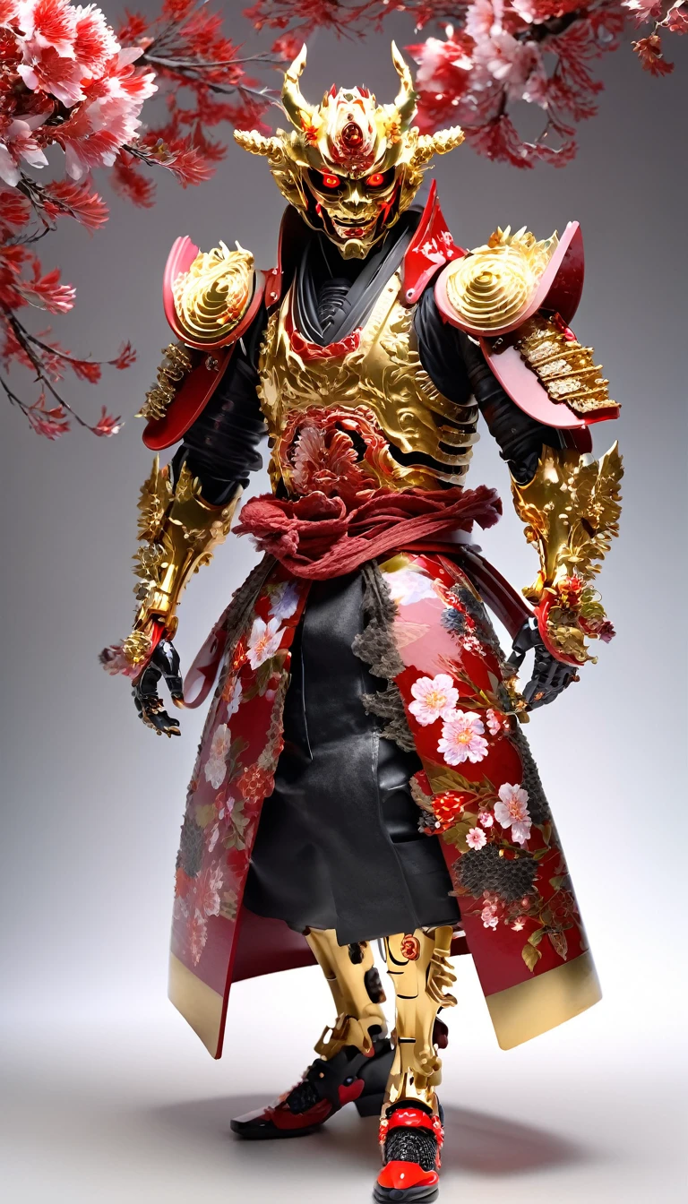 １３century、A golden cyborg samurai-like creature wearing a Hannya mask.、Shining eyes、Long coat、(Black and Red)、FW Murano Style, An explosion of vibrant colors, whole body、cherry blossoms、Very detailed, dark, Key Visual, Atmosphere, Attack the enemy、Very realistic, Attention to detail and texture, Ray Tracing, Realistic moving background for movies, Cinema lighting､