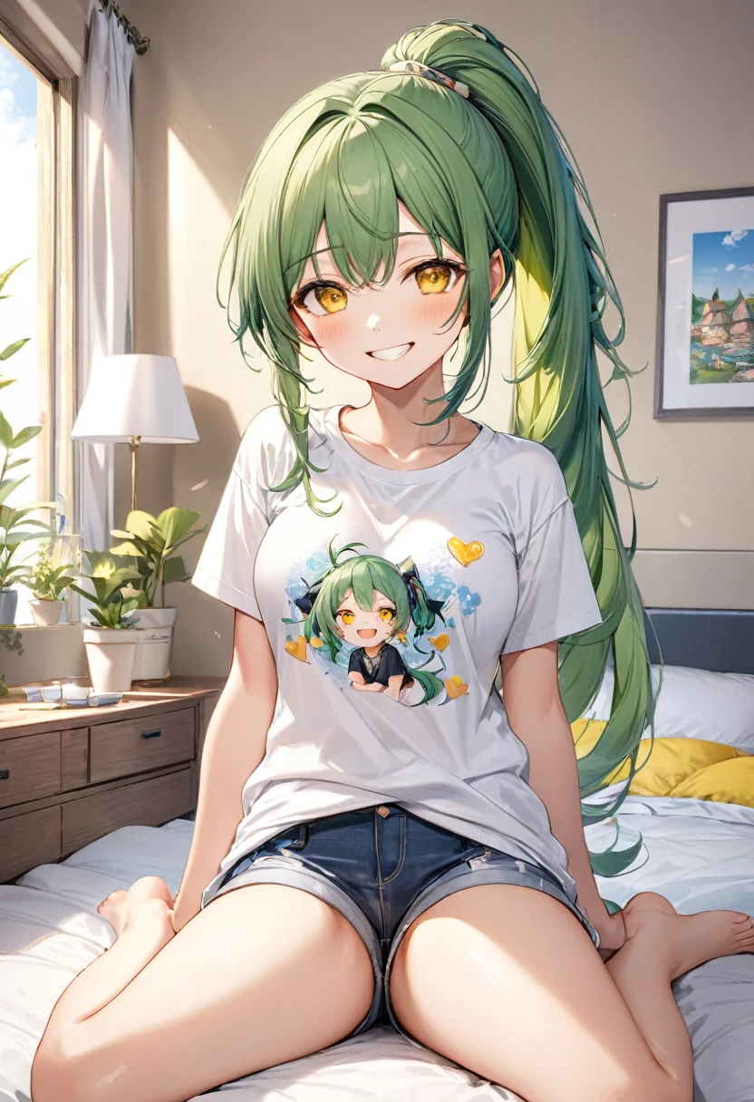 (Ladylike style) (sitting, spread legs, crossed ankles:1.2), (soro:2, 15 yo, ponytail green hair long hair cute girl, sexy yellow eyes, grin smile, love smile, medium:1.3 tits), in a summer T-Shirts, hot pants, break, in the cute bedroom, BREAK, perfect anatomy, masterpiece, best quality, 16k, beautiful detailed grow, daydreaming expression.