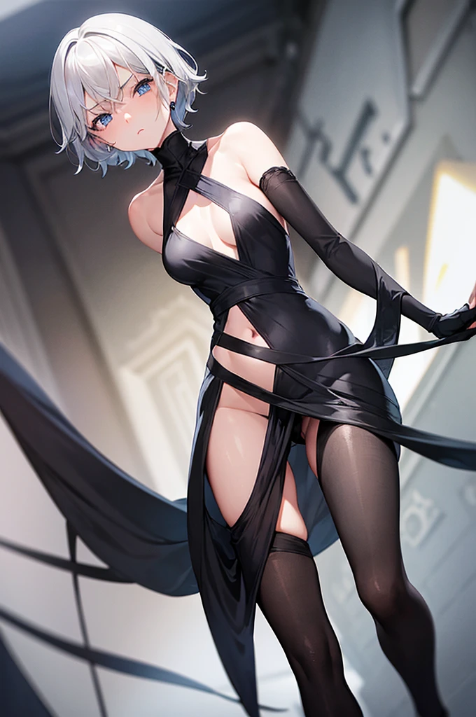 Beautiful gray hair、Short Hair、Beautiful Blue Eyes、Tube top、Cameltoe、black tights、Small breasts、Black Dress、Dark look、Sad face、Condescending expression、A low angle view of what's under her skirt