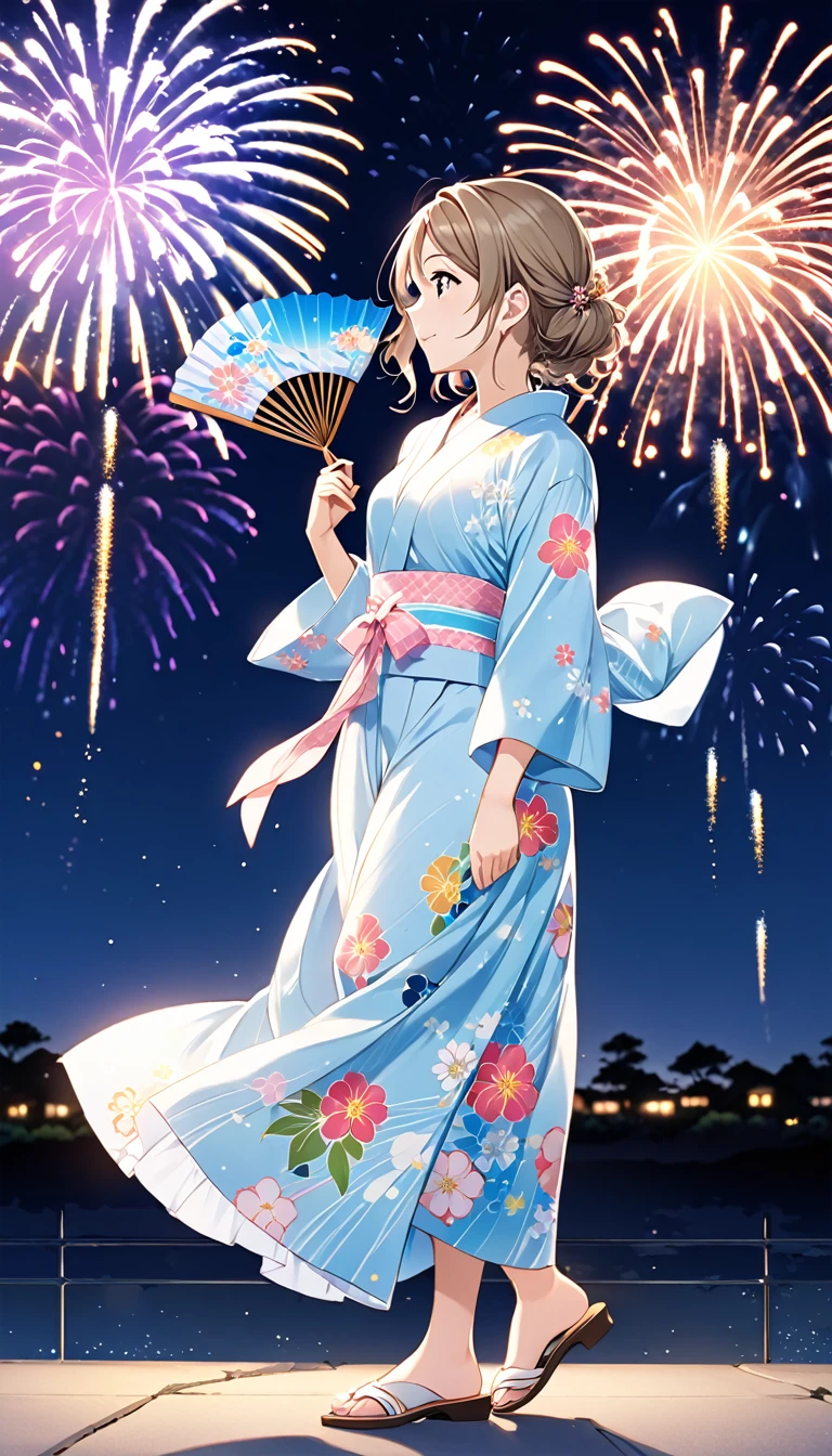 Create an illustration of You Watanabe from Love Live! Sunshine!!. She is wearing a light blue yukata with floral patterns, holding a fan in one hand. Her hair is styled up, and she is looking at distant fireworks, showing her profile and full body,Highest quality, night