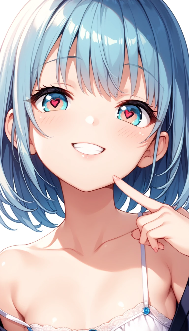 1girl, tiny girl, young girl, mesugaki, wicked smile, Teasing, naughty looks, heart eyes, A girl pointing to her own head:1.2, a girl putting her finger to her head:1.2, Focus on the girl, glossy skin, oily skin, Close-up of the face, Masterpiece:2, Top Quality, high Quality, Very Detailed, ultra High Resolution, super High Resolution, Beautiful Detail, Dynamic angles, perfect lighting, 8k, Animation Style, cartoon style, game cg, sfw,
