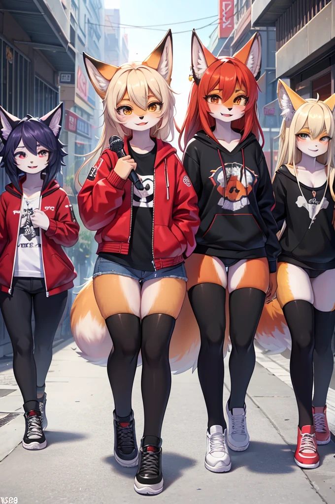 Fox woman,Girl groups,Group of 8,8k resolution,high resolution,最high resolution,KPOP idol style,cool,Street style clothing,Holding a microphone in your hand,