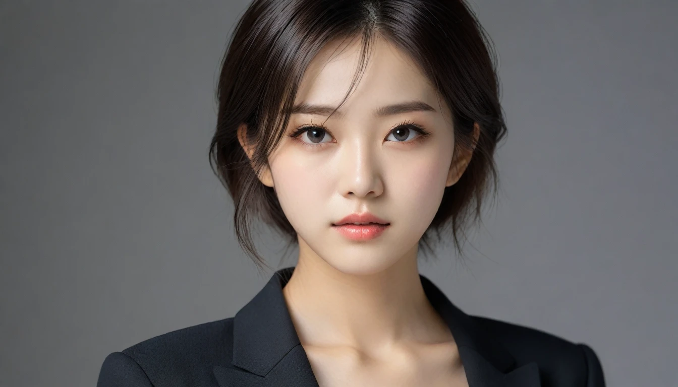 8k, Ultra-high resolution, Highest quality, masterpiece, 三分割法によるphotograph,Surreal, photograph, 1 Girl, (16 years old:1.3), pretty girl, Cute Face, Beautiful eyes in every detail, 細かくdetailedに,masterpiece,One Girl:1.2, Japan Female Announcer,extream close up,sad,streaming tears,Long black hair,Short Hair,Messy hair,(black suit:1.3),mourning clothes,(印象派の美しい少女のPortraiture), (Gray background:1.3),(Impressionist light and colour),Realistic Skin, Perfect and beautiful face ,完璧でCute Face, Skin with attention to detail, Perfect limbs、Narrow waist,Looking at the audience、beauty,Long neck,clavicle,(((Ideal body type))),A cup small breasts :2,Portraiture:2,Perfect Anatomy,鮮明なdetailed,detailed,Surreal,Light and shadow,spotlight