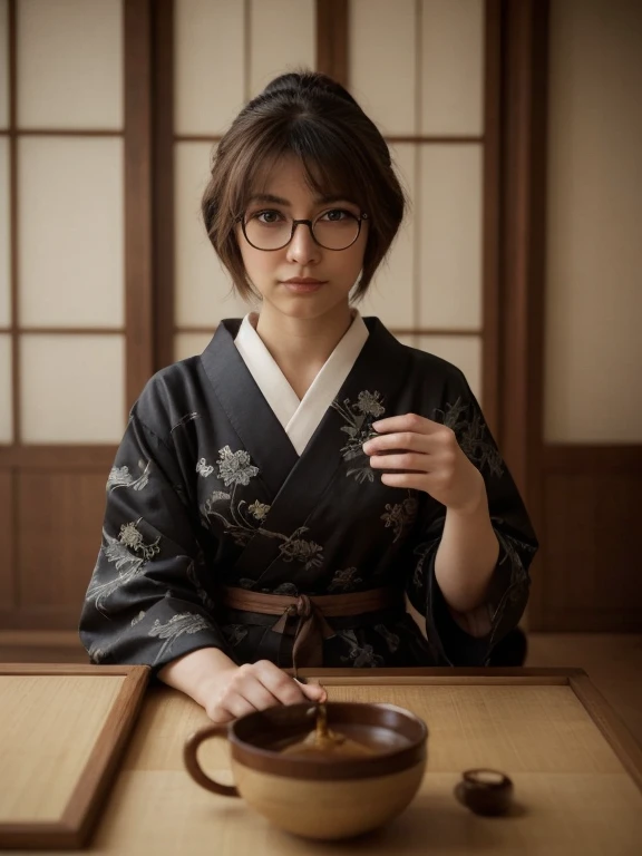 Japanese house from the Edo era, room overlooking the internal garden, tatami, очаровательная русская круглолицая 18-тилетняя девушка в очках с эстетичной очень маленькой подростковой незаметной грудью сидит по-японски на tatami, Slavic face type, dressed in a traditional black silk kimono over her naked body, tousled brown short hair, perfect beautiful detailed round face, round cheeks, small round chin, sensual plump lips, very realistic vibrant expressive brown eyes with a deep look, (realistic glasses with strong distorting lenses), Beautiful hands, Graceful fingers, holding a bowl of tea, tea ceremony, realistic human skin textures:1.5, detailed realistic clothing textures:1.4, careful detailed drawing of the background environment:1.4, many small details, intricate details, ethnic Japanese features of the environment, daylight,