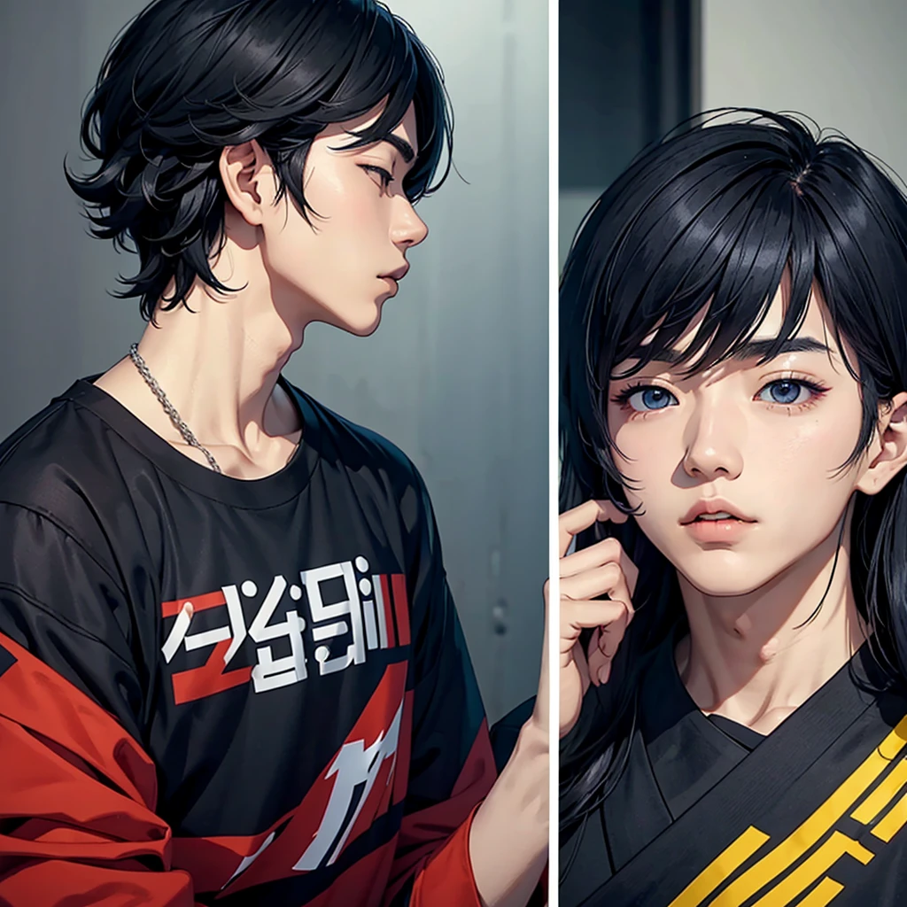 Korean Idol、k-pop、male、Black Hair Fantastic、Icon simple clothes、Colorful、profile、focus face、Center part hair