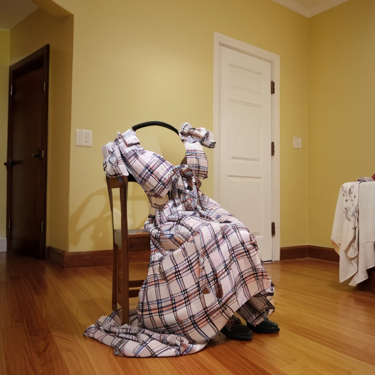 casual dress on floor, plaid skirt lift,(invisible, no humans, headless, faceless:1.5), cute big breasts