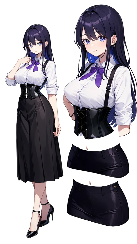 Purple hair,long hair,Adult female,((Rolling up your sleeves shirt)),Open chest,(Corset),(Tight skirt),(high heels),((Simple White background)),Smile,((Full body)),((whole body)),Character Sheet,