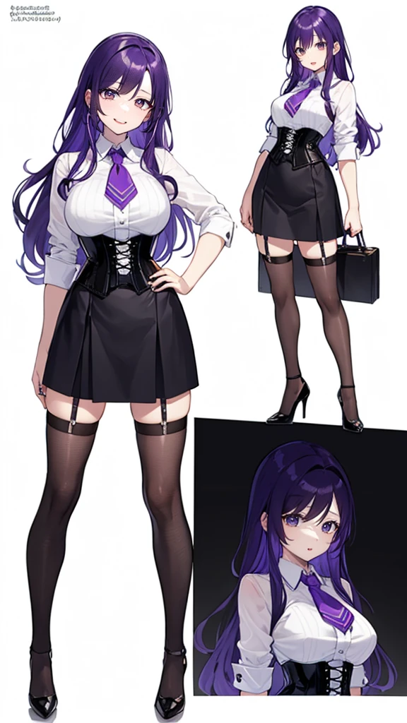 Purple hair,long hair,Adult female,((Rolling up your sleeves shirt)),Open chest,(Corset),(Tight skirt),(high heels),((Simple White background)),Smile,((Full body)),((whole body)),Character Sheet,