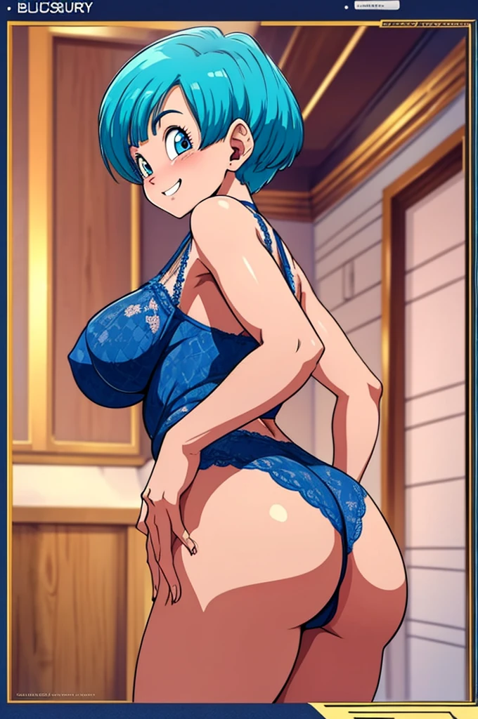 high definition, 8K, detailed face, grabbing her ass, showing her ass, Bulma from dragonball z, Deep blue eyes, ((white see through lingerie)), spa, (large breasts)), slim and thin, body of equal proportions, ((focus on her ass)), back view, four fingers and 1 thumb, ((2 hands)), Blue hair, Beautiful smile, Smiling at viewer, blushing cheeks,