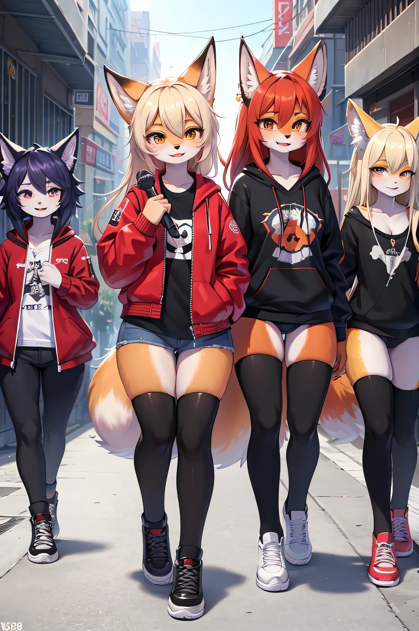 Fox woman,Girl groups,Group of 8,8k resolution,high resolution,最high resolution,KPOP idol style,cool,Street style clothing,Holding a microphone in your hand,