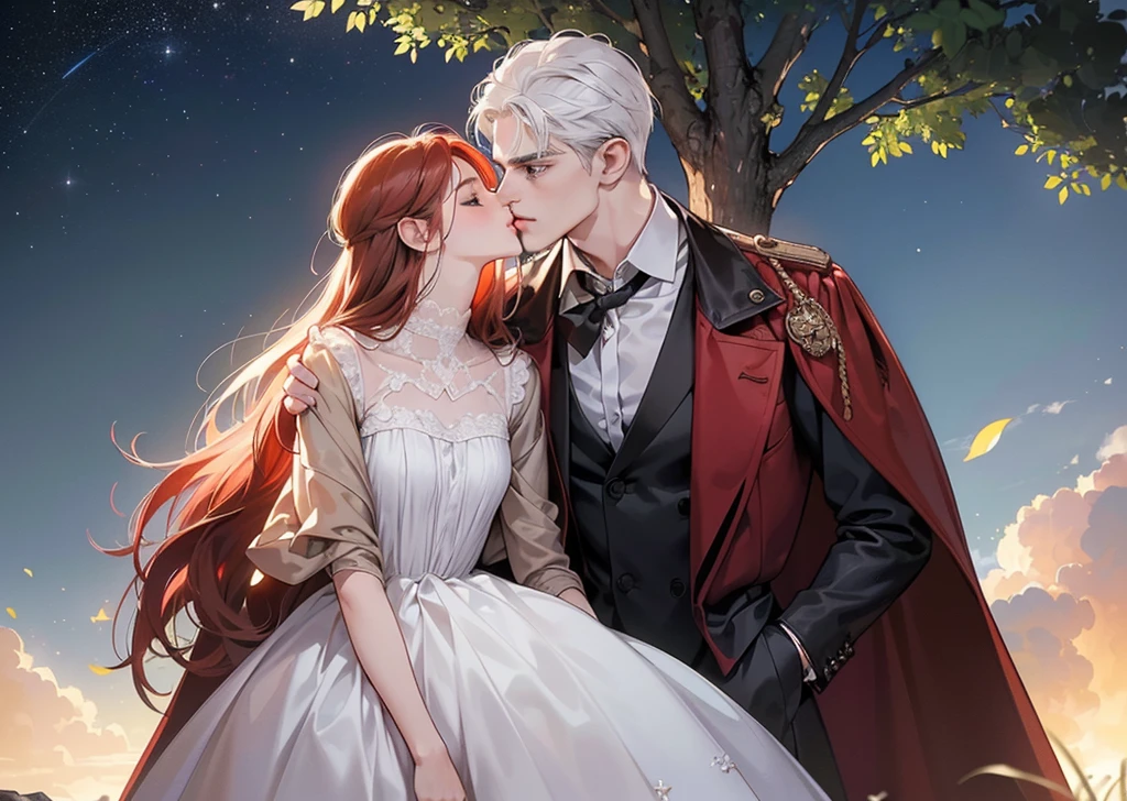 (Best Quality Detailed Image Beautiful Photorealistic Spectacular Night Image 8K 1:1) ((A girl kisses a man under a tree at starry night)), (digital art digital illustration) (camera focused on face) (cool colors dim lighting) Manhwa Art (red hair man) (very tall man ((redhead)) frío de 29 años muy elegant con estilo de espalda. Ropa elegant ((Brown jacket and shirt)), is standing stunned,  green eyes (surprised look rostro perfecto líneas perfectaa).elegant, surprised look, pale eyes, ((Male square face)), facial hair, Open eyes), is kissed by surprise by (a beautiful young woman with white hair, with white nightgown and black leather vest, for the rebel whites, closed eyes, she is shorter than him, soft and perfect lips, femininity and masculinity, ((romantic scene)), ((corresponding individual aspects)), ((just a man and a woman))).