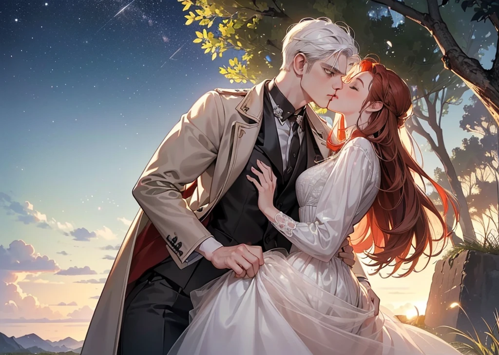 (Best Quality Detailed Image Beautiful Photorealistic Spectacular Night Image 8K 1:1) ((A girl kisses a man under a tree at starry night)), (digital art digital illustration) (camera focused on face) (cool colors dim lighting) Manhwa Art (red hair man) (very tall man ((redhead)) frío de 29 años muy elegant con estilo de espalda. Ropa elegant ((Brown jacket and shirt)), is standing stunned,  green eyes (surprised look rostro perfecto líneas perfectaa).elegant, surprised look, pale eyes, ((Male square face)), facial hair, Open eyes), is kissed by surprise by (a beautiful young woman with white hair, with white nightgown and black leather vest, for the rebel whites, closed eyes, she is shorter than him, soft and perfect lips, femininity and masculinity, ((romantic scene)), ((corresponding individual aspects)), ((just a man and a woman))).