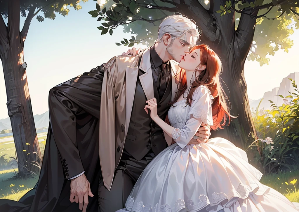 (Best Quality Detailed Image Beautiful Photorealistic Spectacular Night Image 8K 1:1) ((A girl kisses a man under a tree at starry night)), (digital art digital illustration) (camera focused on face) (cool colors dim lighting) Manhwa Art (red hair man) (very tall man ((redhead)) frío de 29 años muy elegant con estilo de espalda. Ropa elegant ((Brown jacket and shirt)), is standing stunned,  green eyes (surprised look rostro perfecto líneas perfectaa).elegant, surprised look, pale eyes, ((Male square face)), facial hair, Open eyes), is kissed by surprise by (a beautiful young woman with white hair, with white nightgown and black leather vest, for the rebel whites, closed eyes, she is shorter than him, soft and perfect lips, femininity and masculinity, ((romantic scene)), ((corresponding individual aspects)), ((just a man and a woman))).