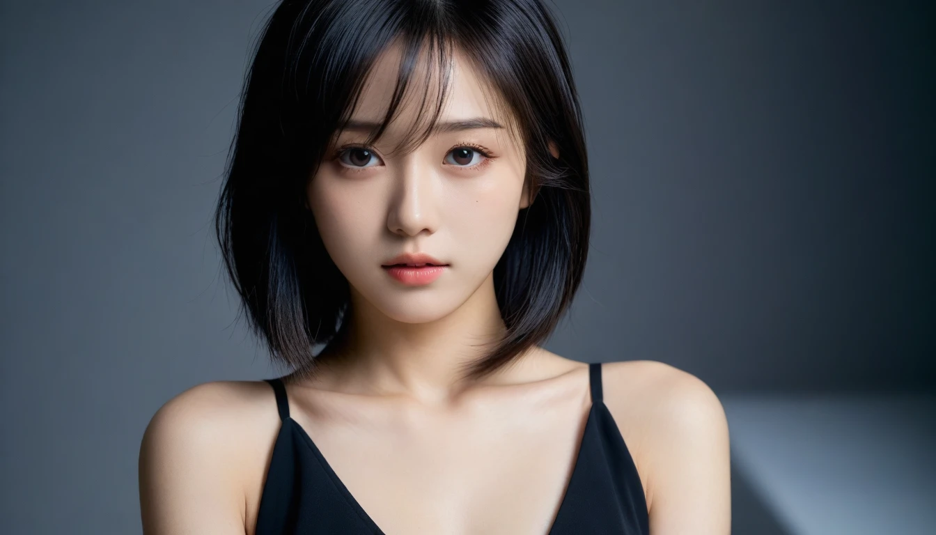 8k, Ultra-high resolution, Highest quality, masterpiece, 三分割法によるphotograph,Surreal, photograph, 1 Girl, (16 years old:1.3), pretty girl, Cute Face, Beautiful eyes in every detail, 細かくdetailedに,masterpiece,One Girl:1.2, Japan Female Announcer,extream close up,sad,streaming tears,Long black hair,Short Hair,Messy hair,(black suit:1.3),mourning clothes,(印象派の美しい少女のPortraiture), (Gray background:1.3),(Impressionist light and colour),Realistic Skin, Perfect and beautiful face ,完璧でCute Face, Skin with attention to detail, Perfect limbs、Narrow waist,Looking at the audience、beauty,Long neck,clavicle,(((Ideal body type))),A cup small breasts :2,Portraiture:2,Perfect Anatomy,鮮明なdetailed,detailed,Surreal,Light and shadow,spotlight