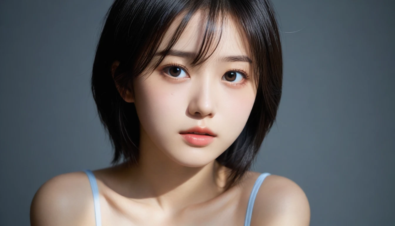 8k, Ultra-high resolution, Highest quality, masterpiece, 三分割法によるphotograph,Surreal, photograph, 1 Girl, (16 years old:1.3), pretty girl, Cute Face, Beautiful eyes in every detail, 細かくdetailedに,masterpiece,One Girl:1.2, Japan Female Announcer,extream close up,sad,streaming tears,Long black hair,Short Hair,Messy hair,(black suit:1.3),mourning clothes,(印象派の美しい少女のPortraiture), (Gray background:1.3),(Impressionist light and colour),Realistic Skin, Perfect and beautiful face ,完璧でCute Face, Skin with attention to detail, Perfect limbs、Narrow waist,Looking at the audience、beauty,Long neck,clavicle,(((Ideal body type))),A cup small breasts :2,Portraiture:2,Perfect Anatomy,鮮明なdetailed,detailed,Surreal,Light and shadow,spotlight