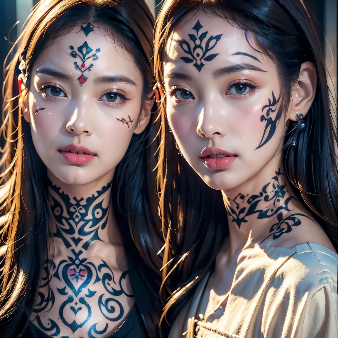 (masterpiece, highest quality), ultra detailed, high resolution, 16k, the most beautiful face in the world, highly detailed beautiful face and eyes, shiny skin, fine cloth texture, perfect anatomy, BREAK, (the incarnation of beauty:1.3), (goddess of beauty:1.3), (gorgeous and stunning princess:1.3), perfect make-up, deeply in love, best smile, full of elegance. (face tattoo:1.4)