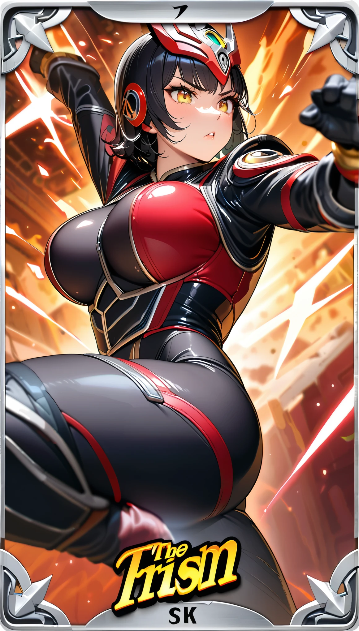 (masterpiece:1.2,Highest quality,Highest quality,High resolution,Very detailed),8k,1 female,Mature female heroine,((Female Kamen Rider)),(dynamic fighting pose:1.5),(Dynamic hair movement:1.4),(short hair),(Kamen Rider Helmet:1.4),(Shiny Kamen Rider Suit:1.3),(Glowing Skin,Big eyes,Droopy eyes,Long eyelashes,Beautiful thighs,Beautiful Hair,Beautiful Face,Beautiful Eyes,Beautiful body,Beautiful breasts,Beautiful feet,Beautiful fingers),((hands)),((Rider Kick:1.5)),(Serious),(The background is Prism Flash),((Beautiful trading cards,Gold Card)),((KuugaUltimater))