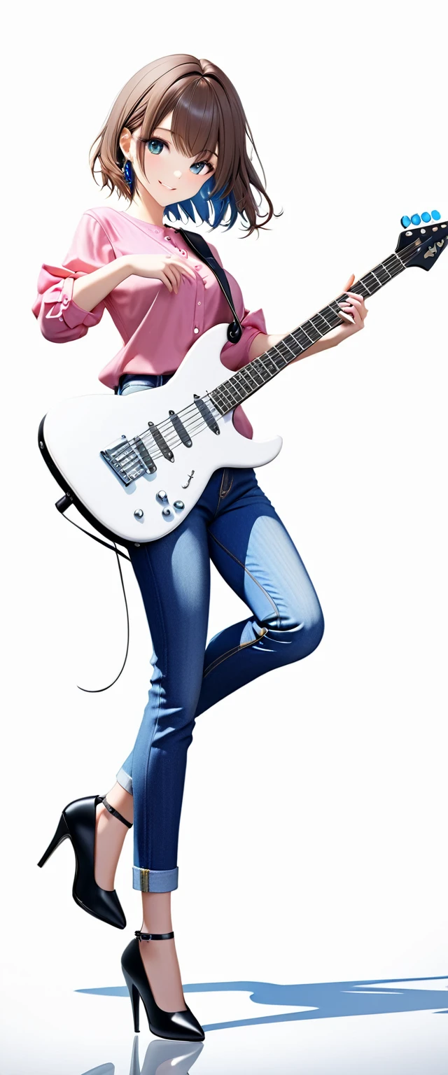 (((White background:1.5)))、(very wide shot)、(masterpiece、Ultra HD、Highest quality、Masterpiece、4K:1.2)、Slender body、Scandinavian metal girl playing a white electric guitar, A gentle gaze at the camera, Intricate details, Highly detailed eyes, Highly detailed fingers、Brown bob hair、Pink shirt and blue jeans, Wearing high heels、Intricate details、A kind smile、Are standing