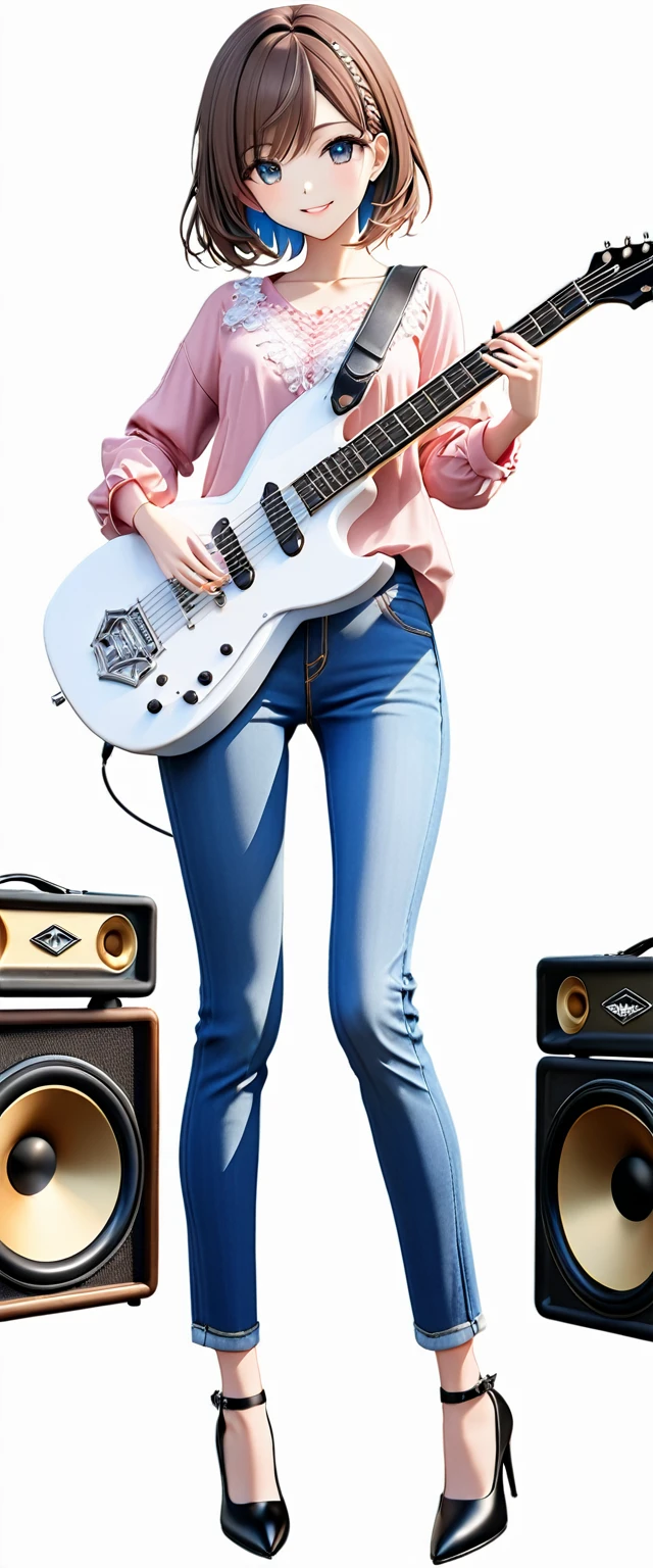 (((White background:1.5)))、(very wide shot)、(masterpiece、Ultra HD、Highest quality、Masterpiece、4K:1.2)、Slender body、Scandinavian metal girl playing a white electric guitar, A gentle gaze at the camera, Intricate details, Highly detailed eyes, Highly detailed fingers、Brown bob hair、Pink shirt and blue jeans, Wearing high heels、Intricate details、A kind smile、Are standing