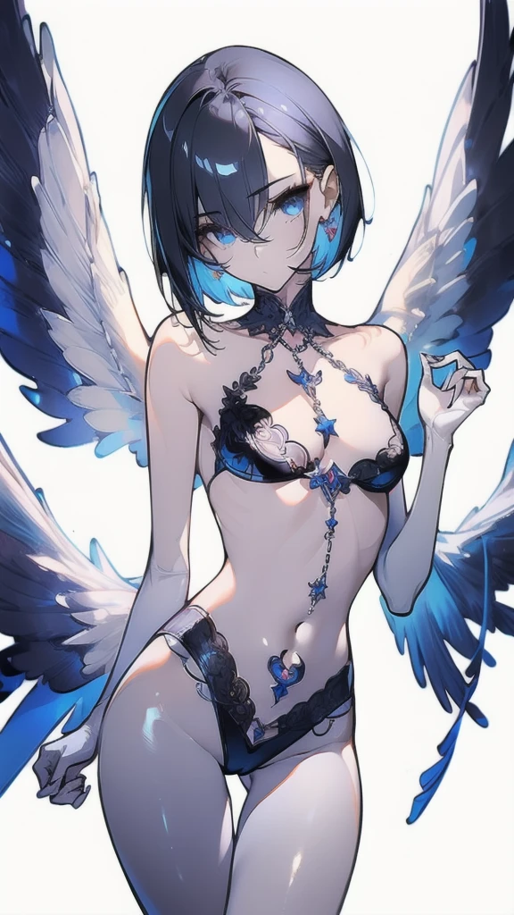 ((masterpiece, best quality)), Delicate face，Angel，Standing picture，whole body，Perfect body proportions，Long legs，Handsome short hair，beautiful eyes，Fantasy style，White background，Extremely beautiful，transparent，pornographic，Transparent_比基尼，Bare chest，chain，Tattoo，Lace，Heart-shaped decoration