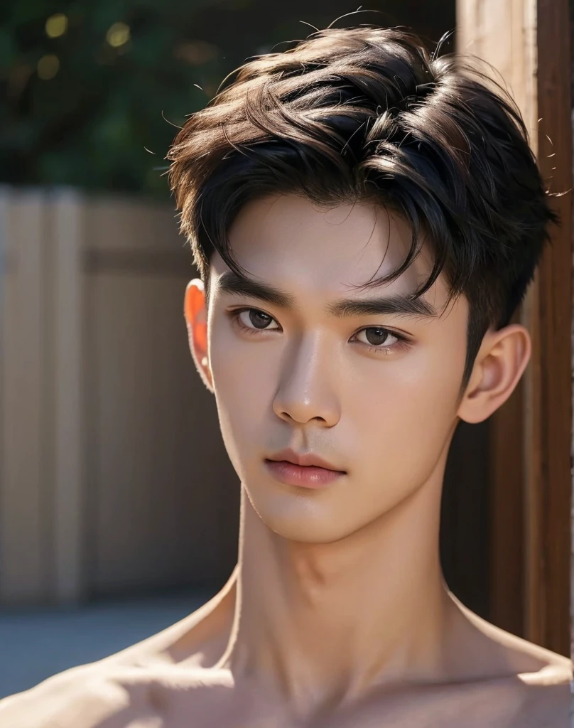 ((High quality)), ((Masterpiece)), ((Highly detailed)), perfect face, realistic, ((man)), ((Asia)), black hair, Comma hairstyle, ((shirtless)), road, ((handsome)), Detailed eyes, Beautiful, detailed nose, realistic body, realistic light, comfortable expression, manน่ารัก, person who sweats, manที่เท่ห์, ร่างกายของman