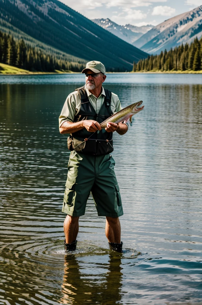 Create an image of a trout fisherman at the lake shore while streak fishing