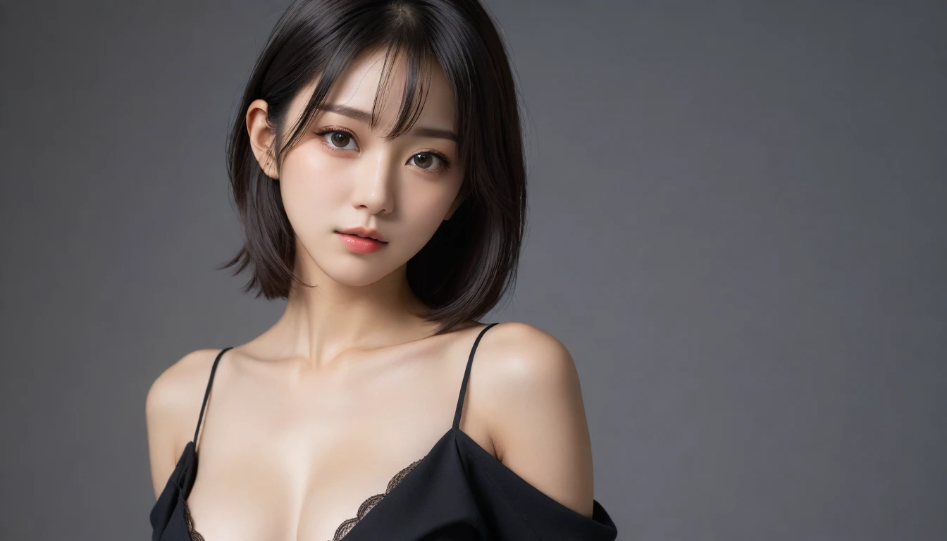 8k, Ultra-high resolution, Highest quality, masterpiece, 三分割法によるphotograph,Surreal, photograph, 1 Girl, (:1.3), pretty girl, Cute Face, Beautiful eyes in every detail, 細かくdetailedに,masterpiece,One Girl:1.2, Japan Female Announcer,extream close up,sad,streaming tears,Long black hair,Short Hair,Messy hair,(black suit:1.3),mourning clothes,(印象派の美しい少女のPortraiture), (Gray background:1.3),(Impressionist light and colour),Realistic Skin, Perfect and beautiful face ,完璧でCute Face, Skin with attention to detail, Perfect limbs、Narrow waist,Looking at the audience、beauty,Long neck,clavicle,(((Ideal body type))),A cup small breasts :2,Portraiture:2,Perfect Anatomy,鮮明なdetailed,detailed,Surreal,Light and shadow,spotlight