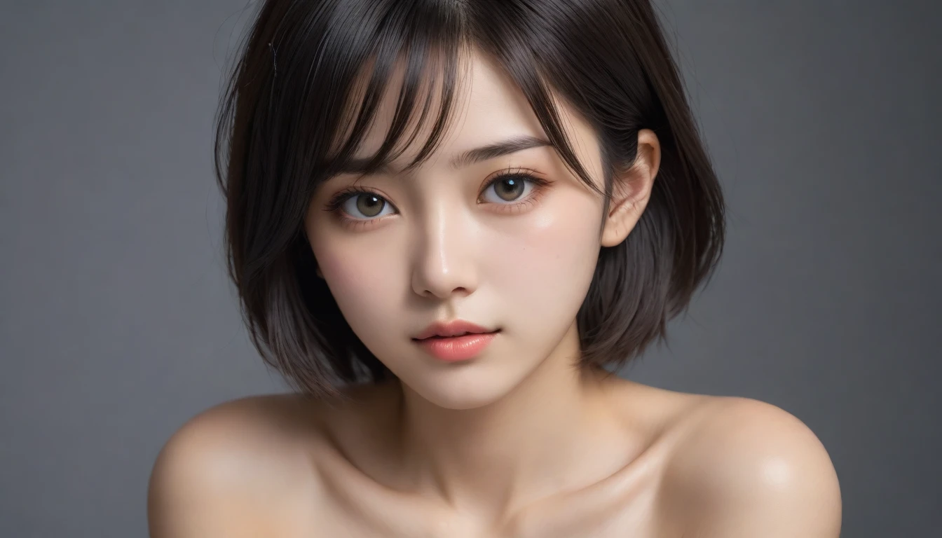 8k, Ultra-high resolution, Highest quality, masterpiece, 三分割法によるphotograph,Surreal, photograph, 1 Girl, (:1.3), pretty girl, Cute Face, Beautiful eyes in every detail, 細かくdetailedに,masterpiece,One Girl:1.2, Japan Female Announcer,extream close up,sad,streaming tears,Long black hair,Short Hair,Messy hair,(black suit:1.3),mourning clothes,(印象派の美しい少女のPortraiture), (Gray background:1.3),(Impressionist light and colour),Realistic Skin, Perfect and beautiful face ,完璧でCute Face, Skin with attention to detail, Perfect limbs、Narrow waist,Looking at the audience、beauty,Long neck,clavicle,(((Ideal body type))),A cup small breasts :2,Portraiture:2,Perfect Anatomy,鮮明なdetailed,detailed,Surreal,Light and shadow,spotlight