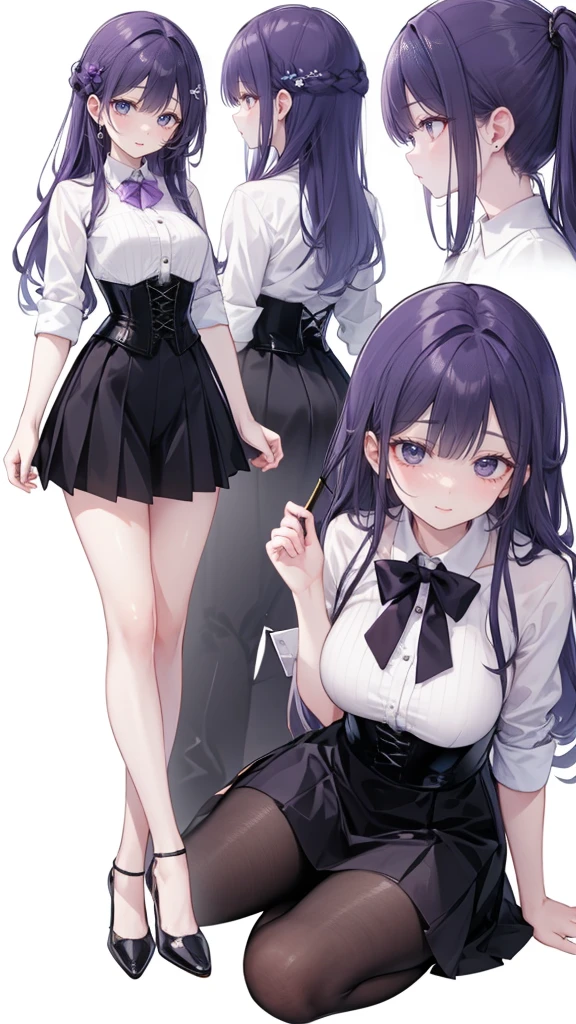 Purple hair,long hair,Adult female,((Rolling up your sleeves shirt)),Open chest,(Corset),(Tight skirt),(high heels),((Simple White background)),Smile,((Full body)),((whole body)),Character Sheet,