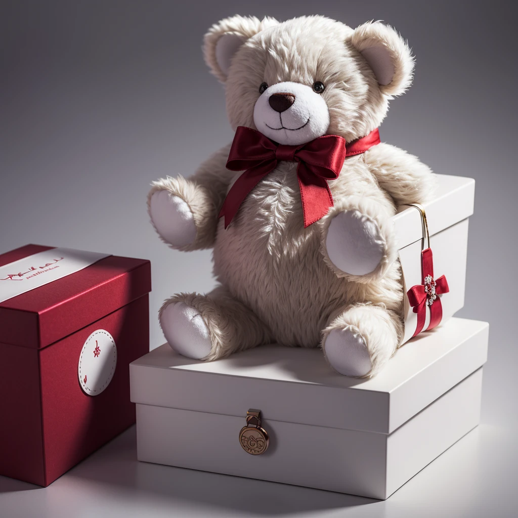 In the foreground is a teddy bear, white, there is a ring box nearby, Closed, red velvet, Background: gray, Without details, high detail, 3d rendering