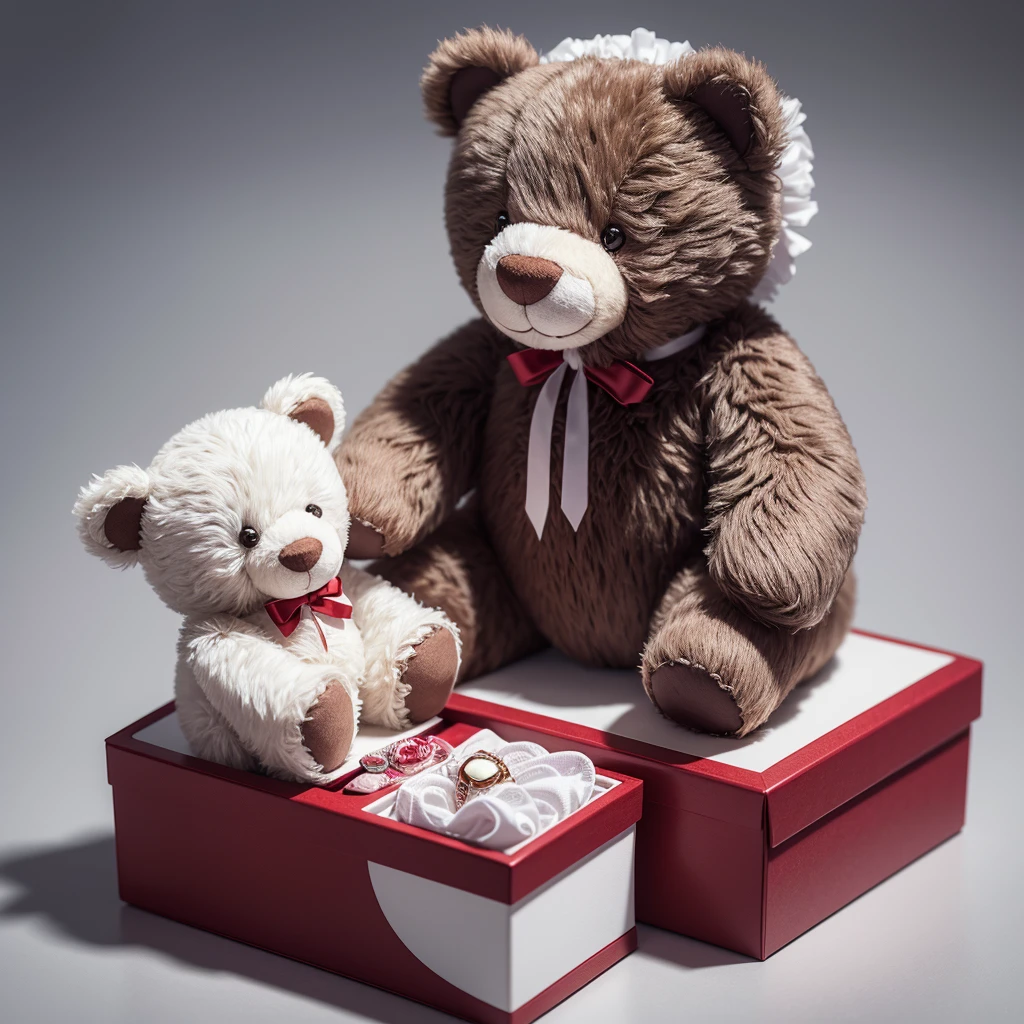 In the foreground is a teddy bear, white, there is a ring box nearby, Closed, red velvet, Background: gray, Without details, high detail, 3d rendering