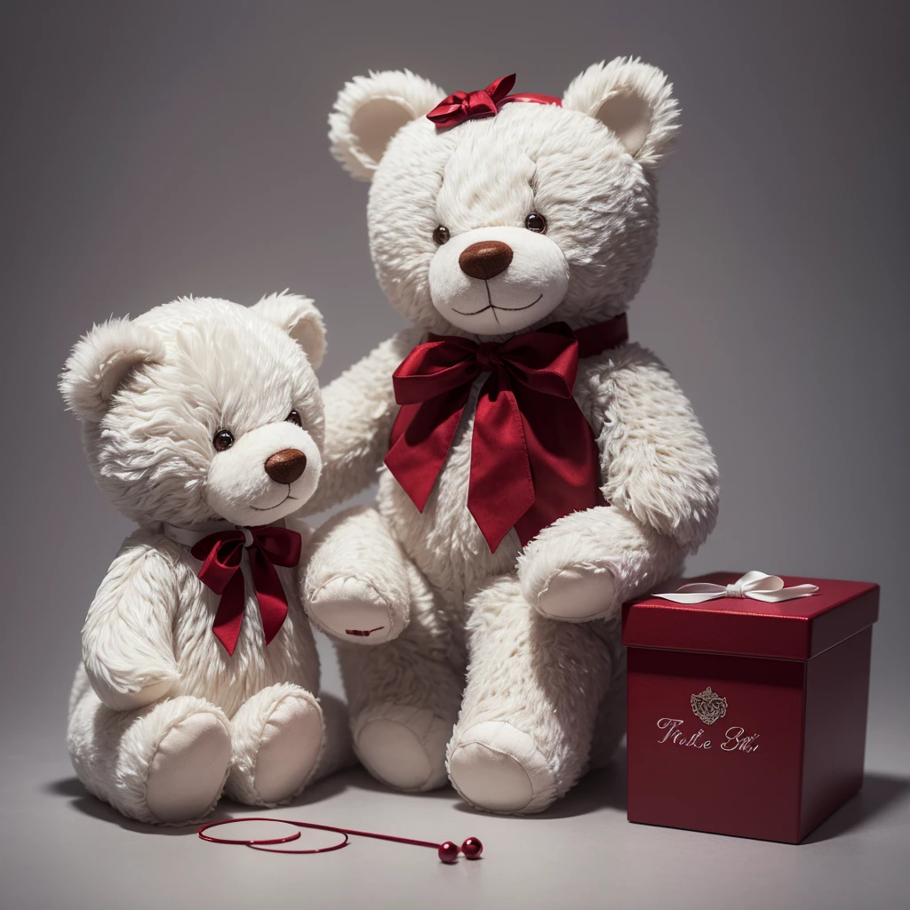 In the foreground is a teddy bear, white, there is a ring box nearby, Closed, red velvet, Background: gray, Without details, high detail, 3d rendering