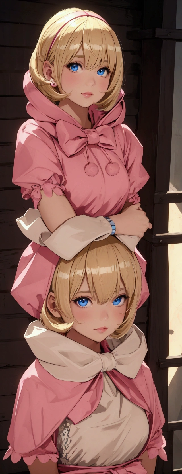 masterpiece), best quality, high resolution blonde 1girl bob cut medium hair standing alone cowl headband profile image looking at viewer beautiful eyes beautiful face extremely detailed pink clothing girly