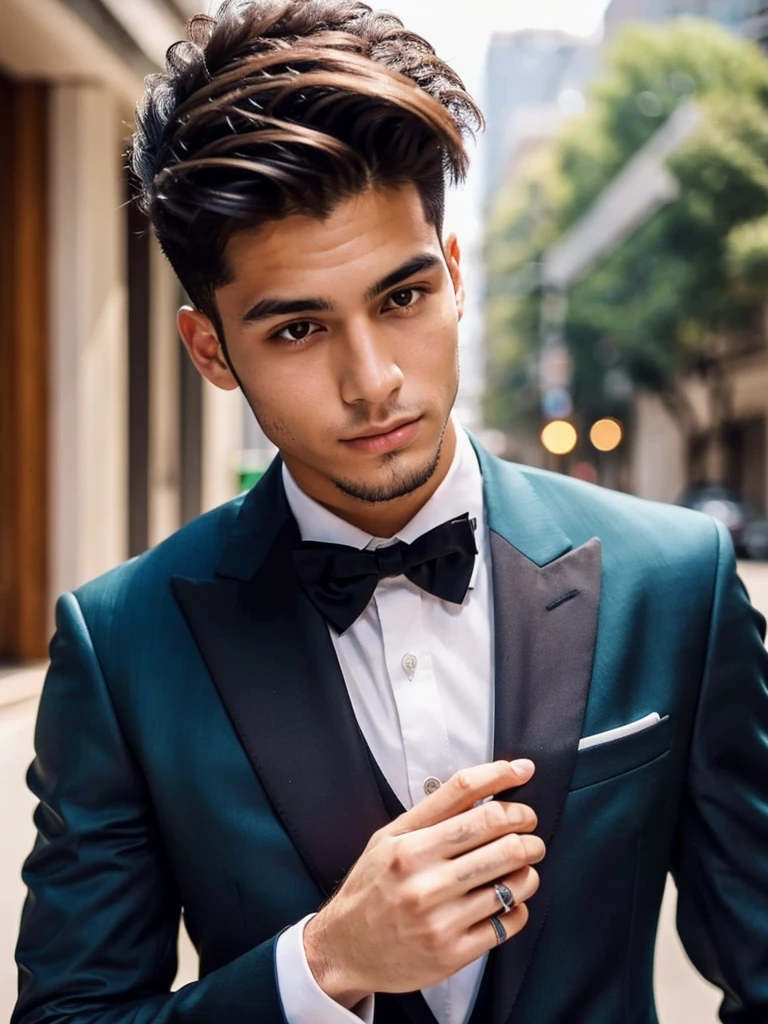 22-year-old Brazilian man in a suit with his hand in his pocket, short hair without a beard with a ring on his finger, no quarto selfie 🤳🏽 realista, and great quality