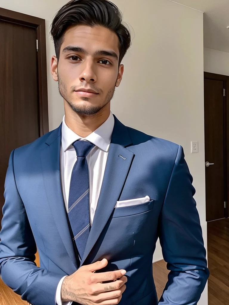 22-year-old Brazilian man in a suit with his hand in his pocket, short hair without a beard with a ring on his finger, no quarto selfie 🤳🏽 realista, and great quality