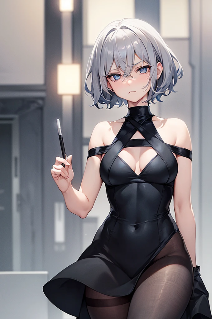 Beautiful gray hair、Short Hair、Beautiful Blue Eyes、Tube top、Cameltoe、black tights、Small breasts、Black Dress、Dark look、Sad face、Condescending expression、A low angle view of what&#39;s under her skirt、The nipples are erect、Black Skirt