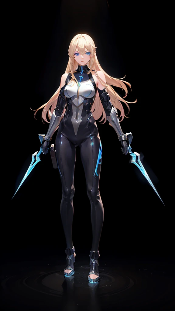 (((full body photo))) 18 years old, blond hair, flowing blond hair, blue eyes, in a full body black armor with leggings, futuristic, masterpiece, high quality, with a lightning energy in hand, shoulders exposed, gloves, ready to fight pose
