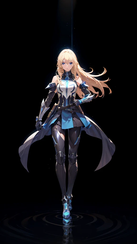 (((full body photo))) 18 years old, blond hair, flowing blond hair, blue eyes, in a full body black armor with leggings, futuristic, masterpiece, high quality, with a lightning energy in hand, shoulders exposed, gloves, ready to fight pose