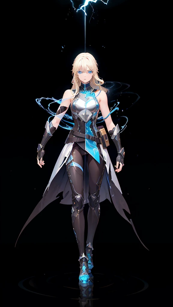 (((full body photo))) 18 years old, blond hair, flowing blond hair, blue eyes, in a full body black armor with leggings, futuristic, masterpiece, high quality, with a lightning energy in hand, shoulders exposed, gloves, ready to fight pose