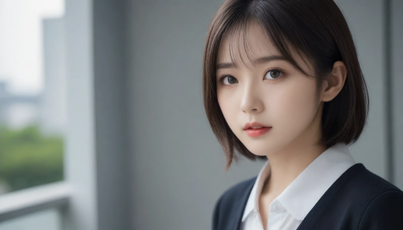 8k, Ultra-high resolution, Highest quality, masterpiece, 三分割法によるphotograph,Surreal, photograph, 1 Girl, (16 years old:1.3), pretty girl, Cute Face, Beautiful eyes in every detail, 細かくdetailedに,masterpiece,One Girl:1.2, Japan Female Announcer,extream close up,sad,streaming tears,Long black hair,Short Hair,Messy hair,(black suit:1.3),mourning clothes,(印象派の美しい少女のPortraiture), (Gray background:1.3),(Impressionist light and colour),Realistic Skin, Perfect and beautiful face ,完璧でCute Face, Skin with attention to detail, Perfect limbs、Narrow waist,Looking at the audience、beauty,Long neck,clavicle,(((Ideal body type))),A cup small breasts :2,Portraiture:2,Perfect Anatomy,鮮明なdetailed,detailed,Surreal,Light and shadow,spotlight