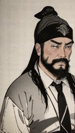 Three Kingdomonochrome)))、(((Tie your hair、Bearded young man in armor wearing a black swimming cap)))、（（Ancient Chinese Armor Men））、（Ink Painting）、Highest quality、masterpiece、Ultra-high resolution、(Realistic:1.4)、Game Poster、The Three Bearded Men of the Kingdom,Oriental、Three Kingdoms演義に見られるように々military commander、Crisp and beautiful image quality ,(Skin of color)、 gloves, Long trousers, (Very detailed, bloom:1.5), (Highest quality, Concept Art, 4K), (analog:1.2), (high sharpness), (Detailed pupil:1.1),,Detailed face and eyes, masterpiece, Highest quality, (Very detailed:1.1), 8k, photoRealistic, (PurerosFace_v1:0.2), [:(Detailed face:1.2):0.2], sharp,Realistic Shadow, 