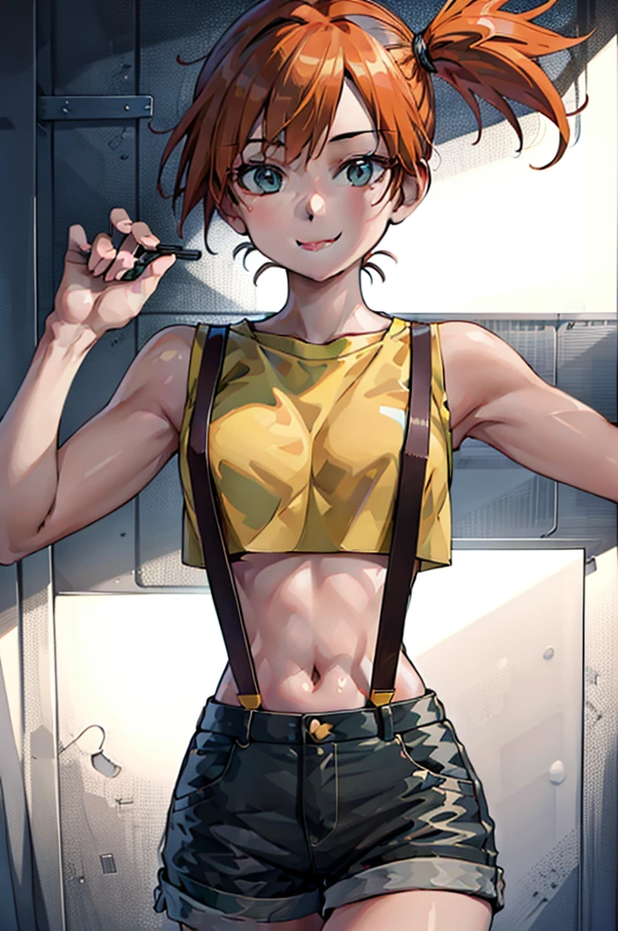 ((masterpiece,best quality)), absurdres,
Misty_Pokemon, yellow crop top, suspenders, side ponytail,
solo, smiling, looking at viewer, cowboy shot,
cinematic composition, dynamic pose,