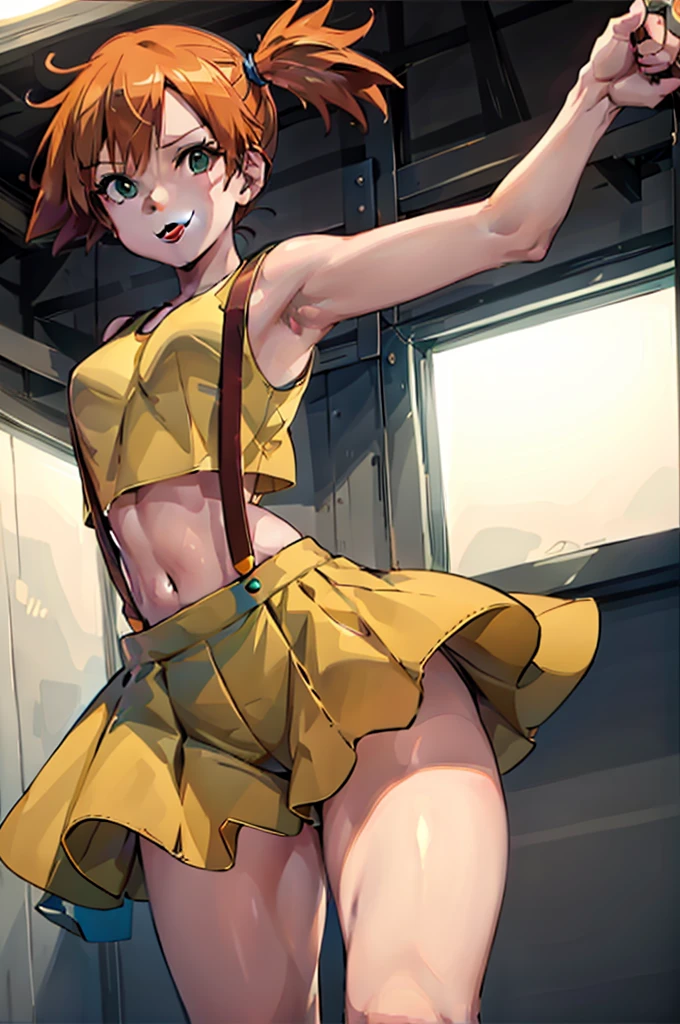 ((masterpiece,best quality)), absurdres,
Misty_Pokemon, yellow crop top, suspenders, side ponytail, 
solo, smiling, looking at viewer, cowboy shot, 
cinematic composition, dynamic pose,