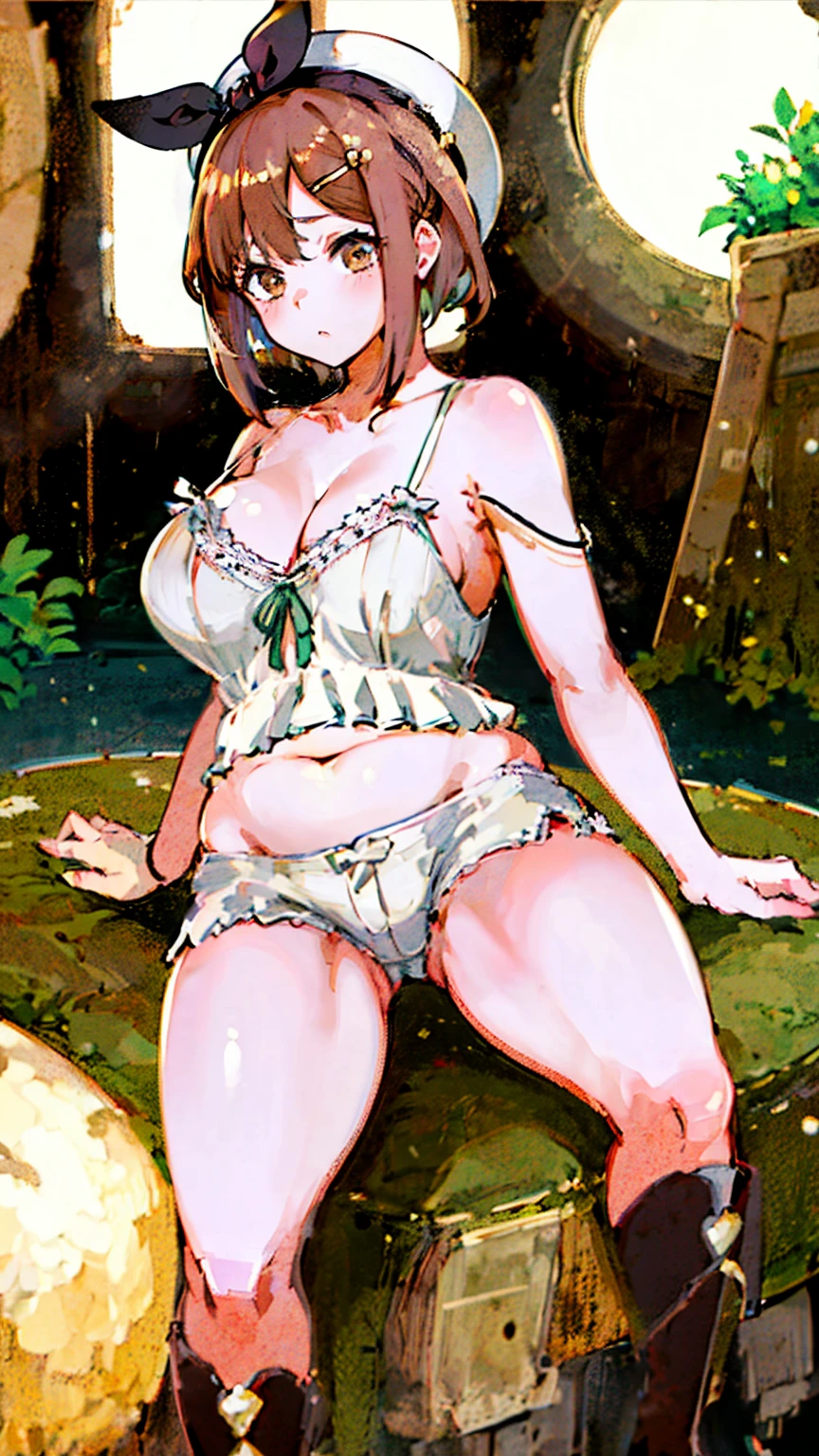 (Highest quality, 8k, masterpiece :1.3),Lizaリン・シュタウト(Lizaのアトリエ),Liza, One woman,Large Breasts,short hair,Brown Hair,hair band,Clothing,hat,White shirt,White camisole,Red shorts,Brown long boots,nsfw,Plump body,Thighs,