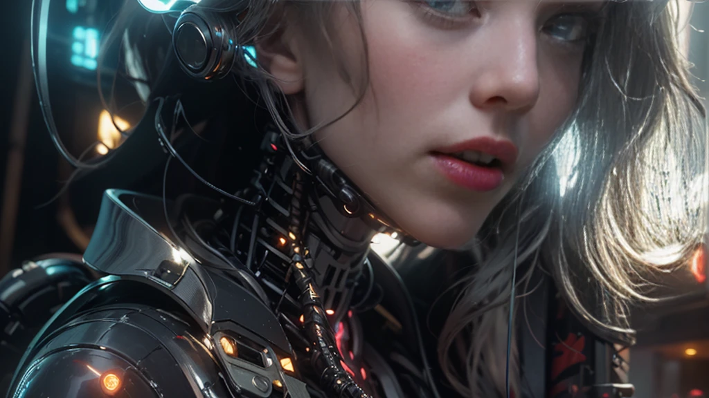 top quality, masterpiece, ultrahigh resolution, ((photorealistic: 1.4), RAW photo, 1 cyberpunk android Chica, shiny skin, (Ultra realistic details)), mechanical limbs, Tubes connected to mechanical parts, Mechanical vertebrae attached to the spine, mechanical cervical attachment to the neck, Wires and cables that connect to the head, evangelion, ((Ghost in the shell)), small bright LED lamps, global ilumination, deep shadows, Octane rendering, 8k, ultra Sharp, metal, Intricate ornamental details, baroque details, Very intricate details, Realistic light, CGSoation tendencia, in front of camera, neon details, (Android factory in the background), art by H.r. Giger and Alphonse Mucha.white hair