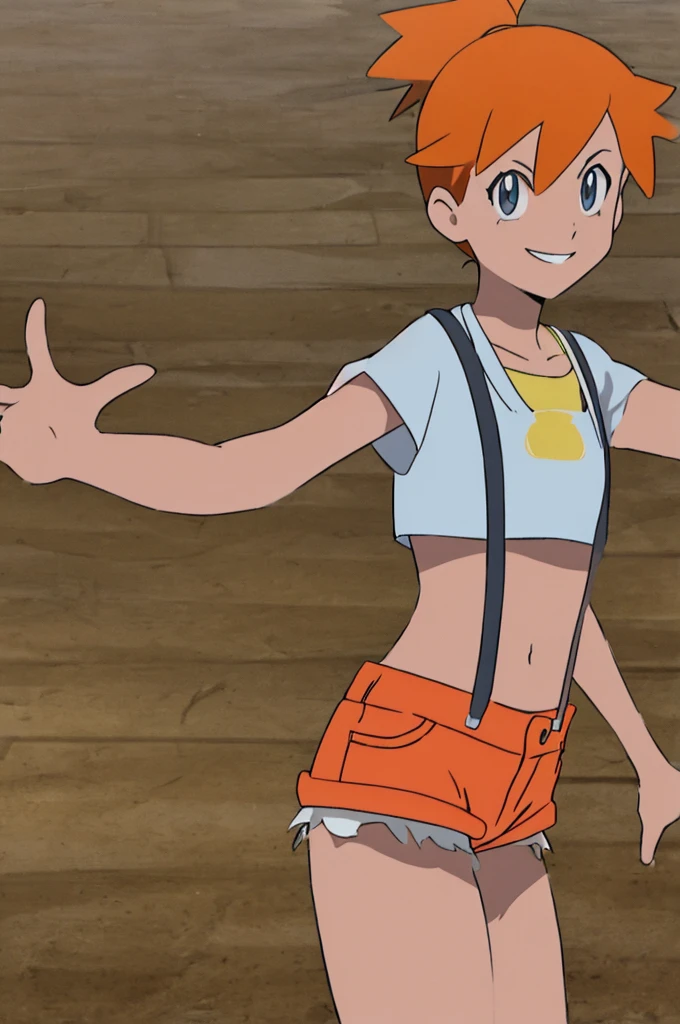 ((masterpiece,best quality)), absurdres, Misty_Pokemon, yellow crop top, suspenders, side ponytail, orange hair, denim shorts, solo, smiling, looking at viewer, cowboy shot, , tropical beach,